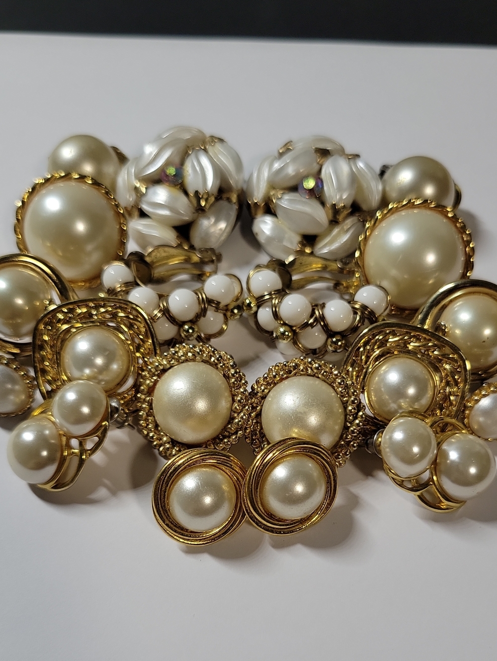 Elegant Gold Tone and  Pearl Cluster Clip-On Earrings Lot